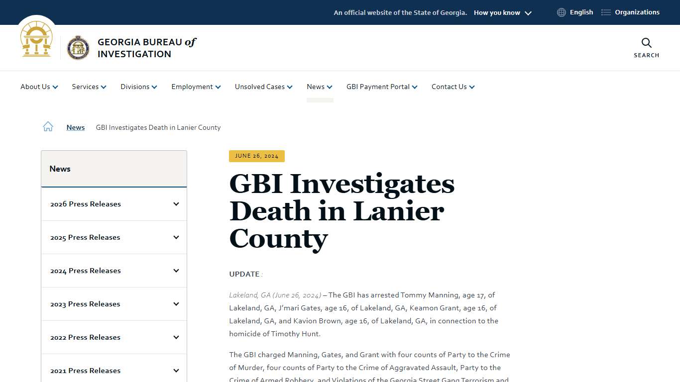 GBI Investigates Death in Lanier County Georgia Bureau of Investigation