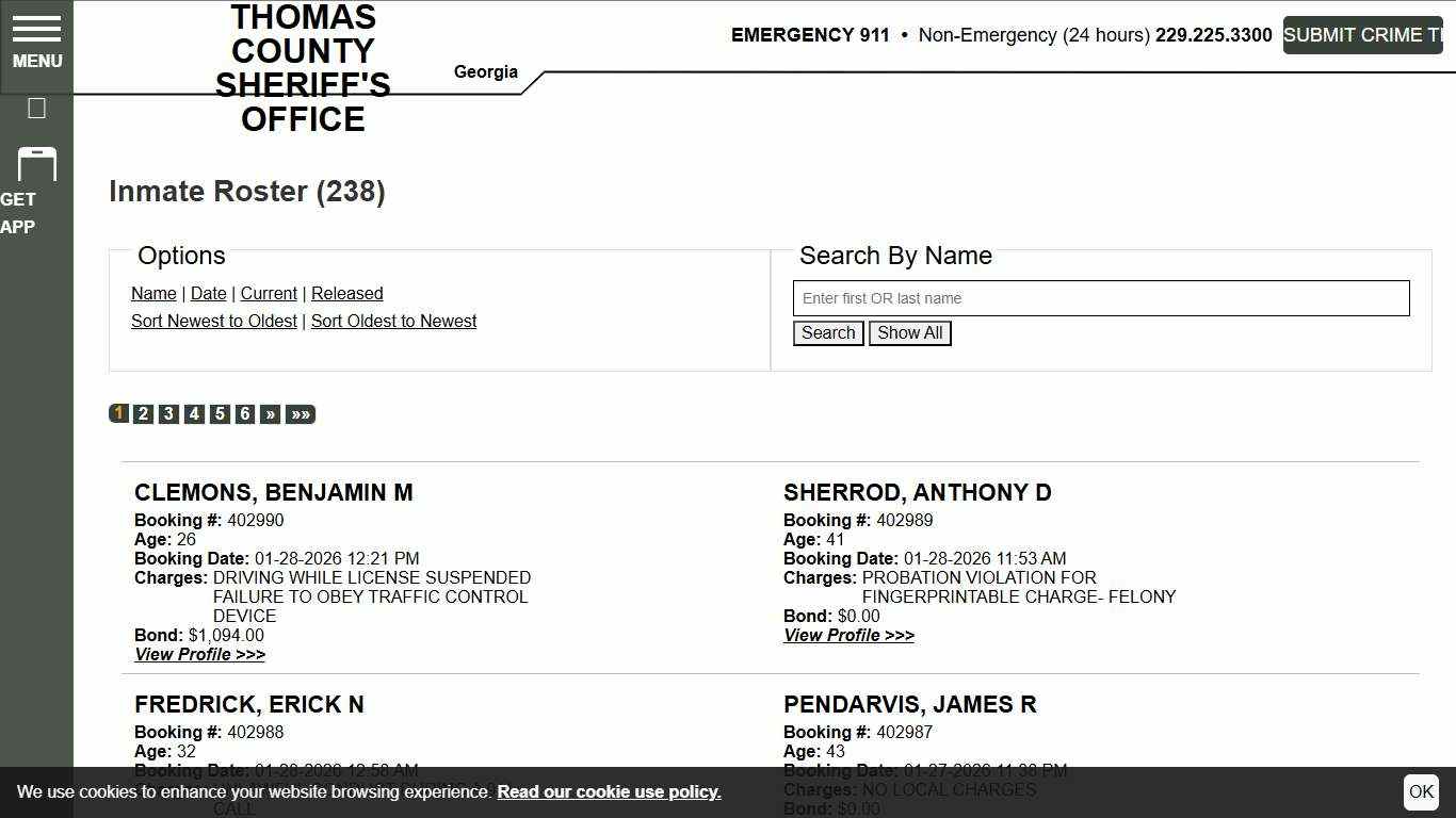 Inmate Roster Thomas County Sheriff's Office Sort Booking Time - Descending Page 1