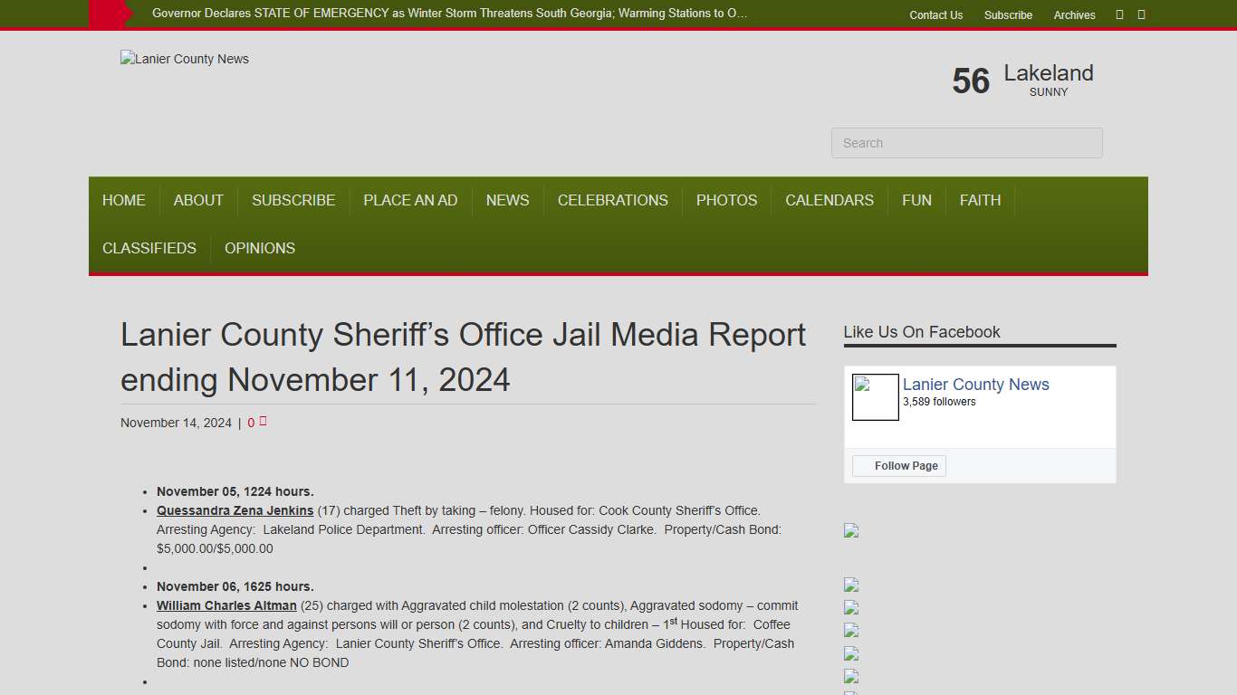 Lanier County Sheriff’s Office Jail Media Report ending November 11, 2024 – Lanier County News